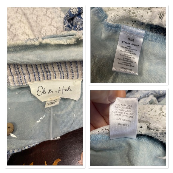 Oli & Hali Blue Patchwork Lace Oversized Button Down Shirt Boho Cottage Chic S/M - Picture 5 of 13